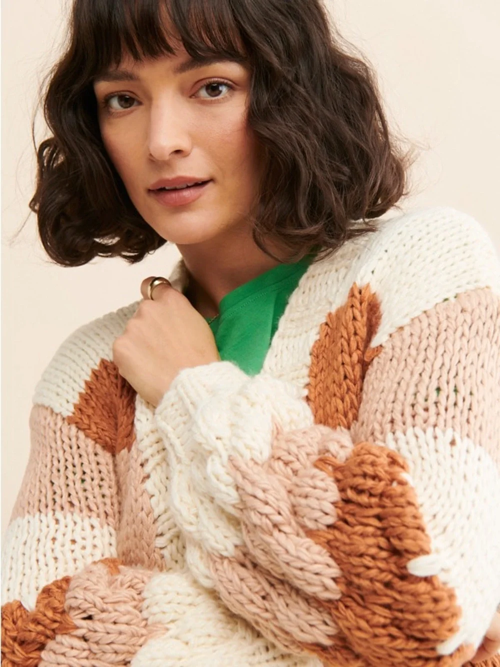ANTHROPOLOGIE M Sadie & Sage Textured Stripe Sweater Chunky Cable Knit Cardigan